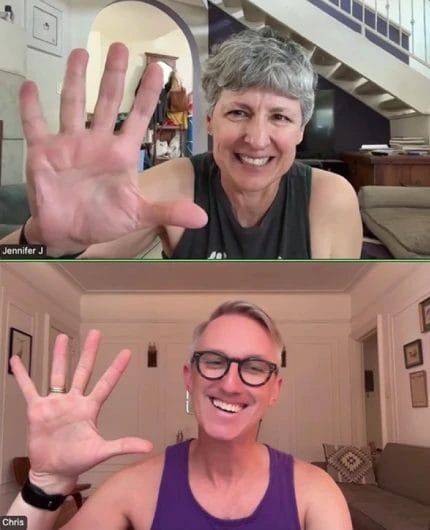 Jennifer and Chris attending a virtual fitness class